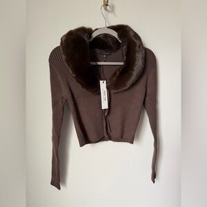 Love tree Brown Faux Fur removable Collar tie Sweater Top